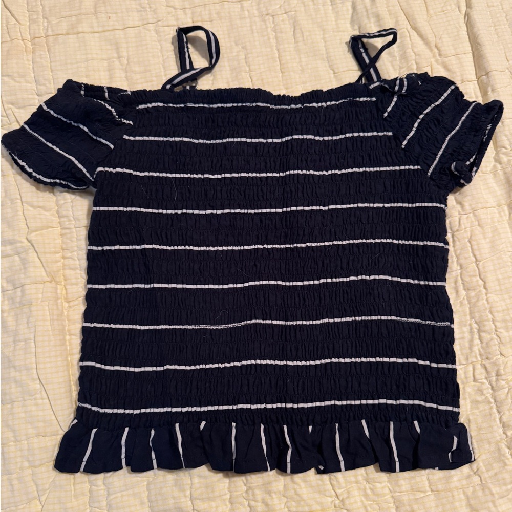 Abercrombie Kids Navy and White Striped Ruffle Blouse